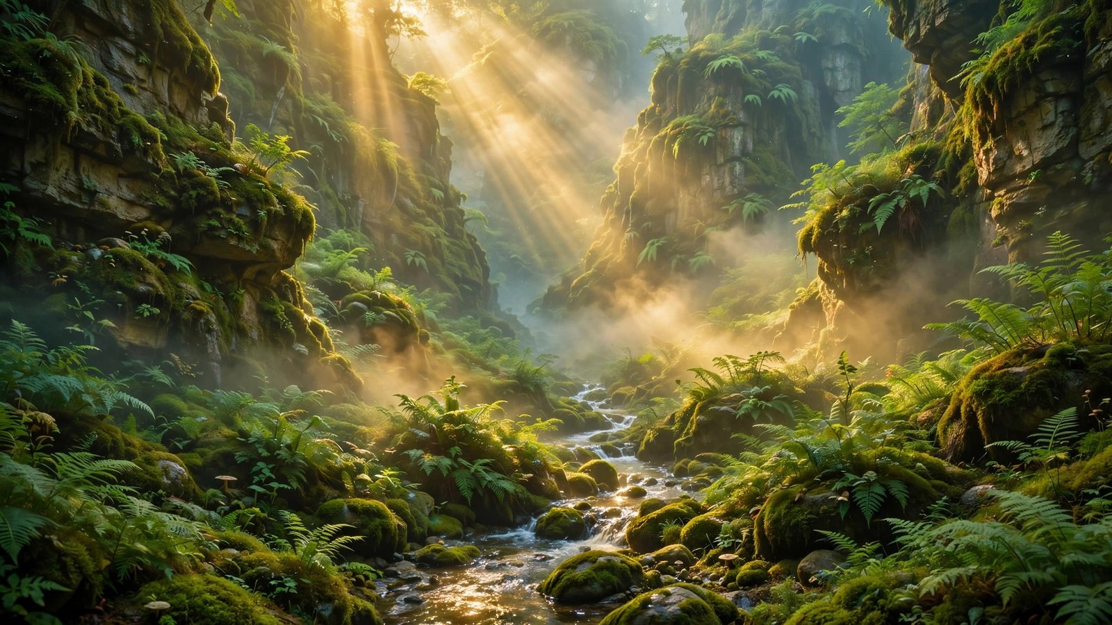 Fern Canyon - misty canyon walled with ferns, god rays falling onto a small stream