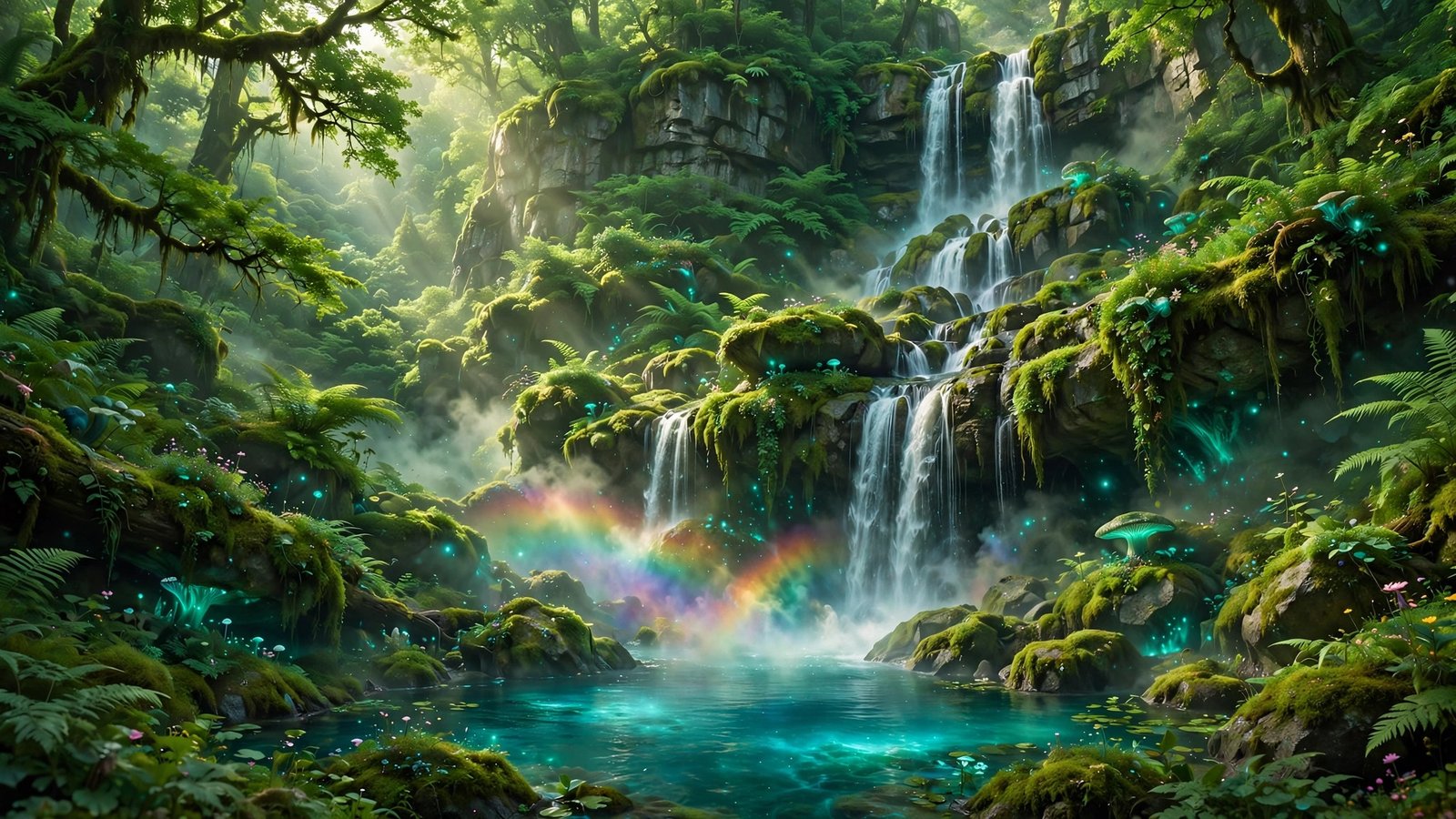 Emerald Falls - a waterfall cascades through a luminous emerald forest
