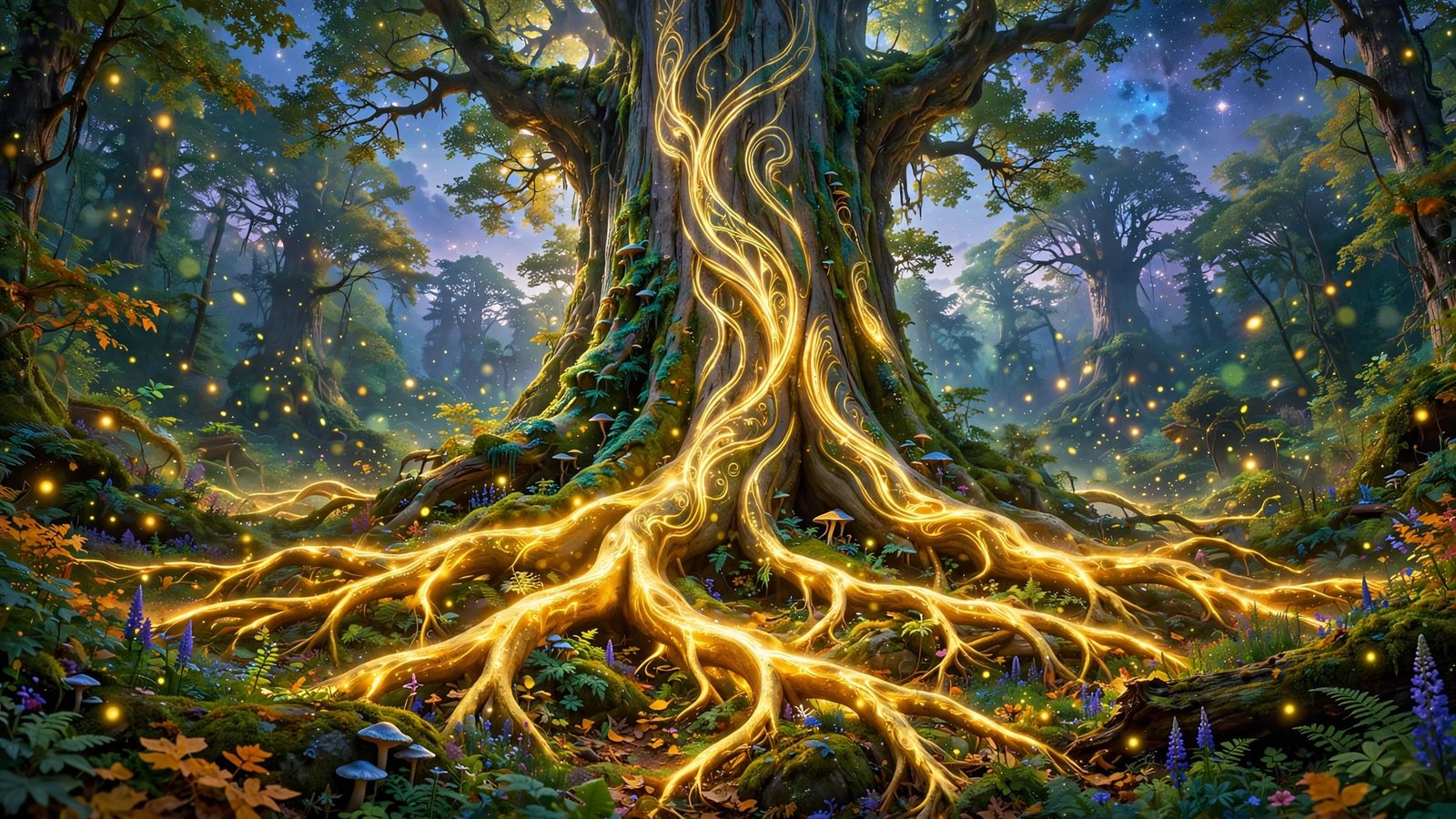 Root Throne - a colossal ancient tree with roots glowing faint gold