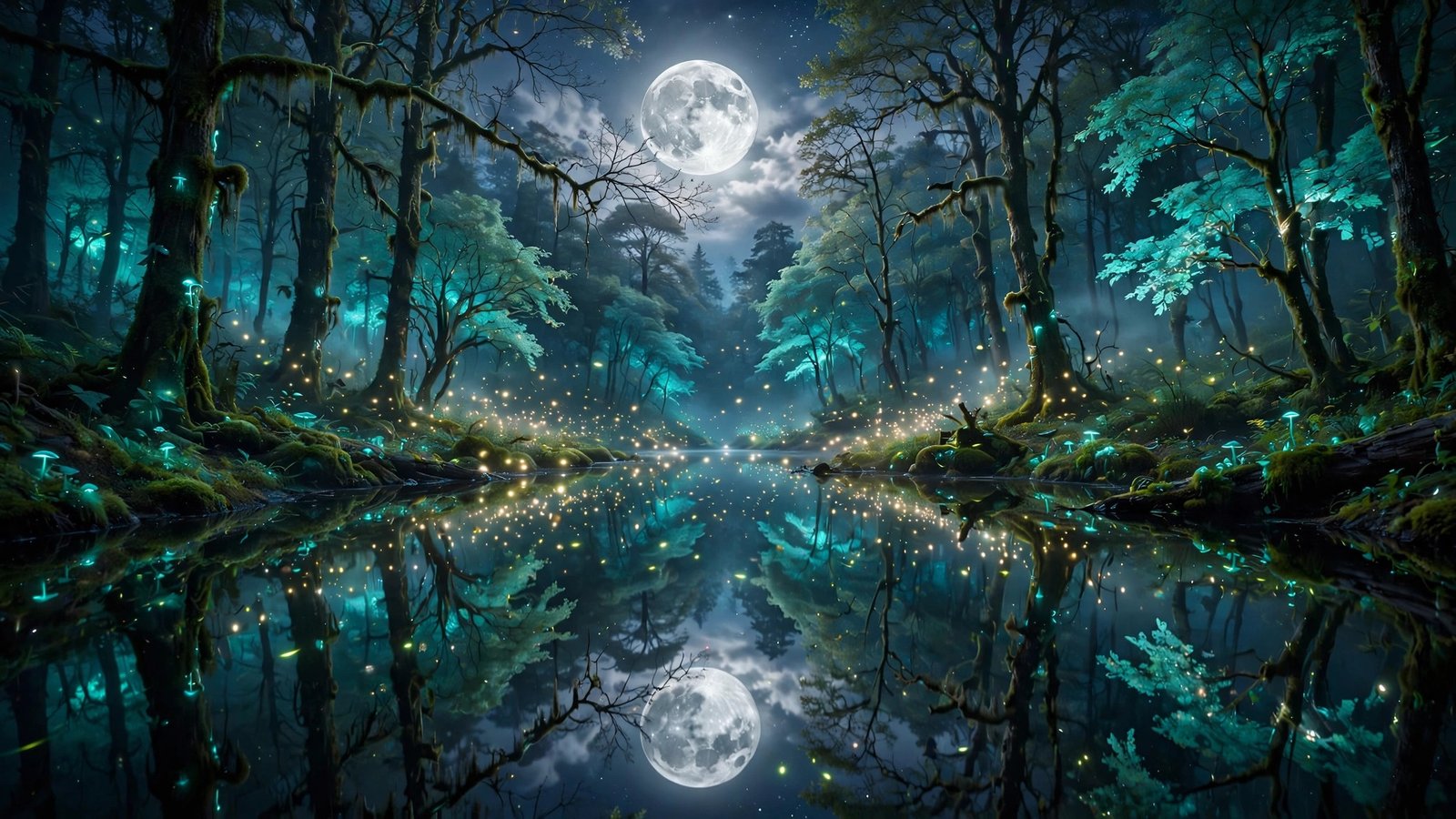 Moonlit Glade - a still pond mirrors a moonlit forest glade