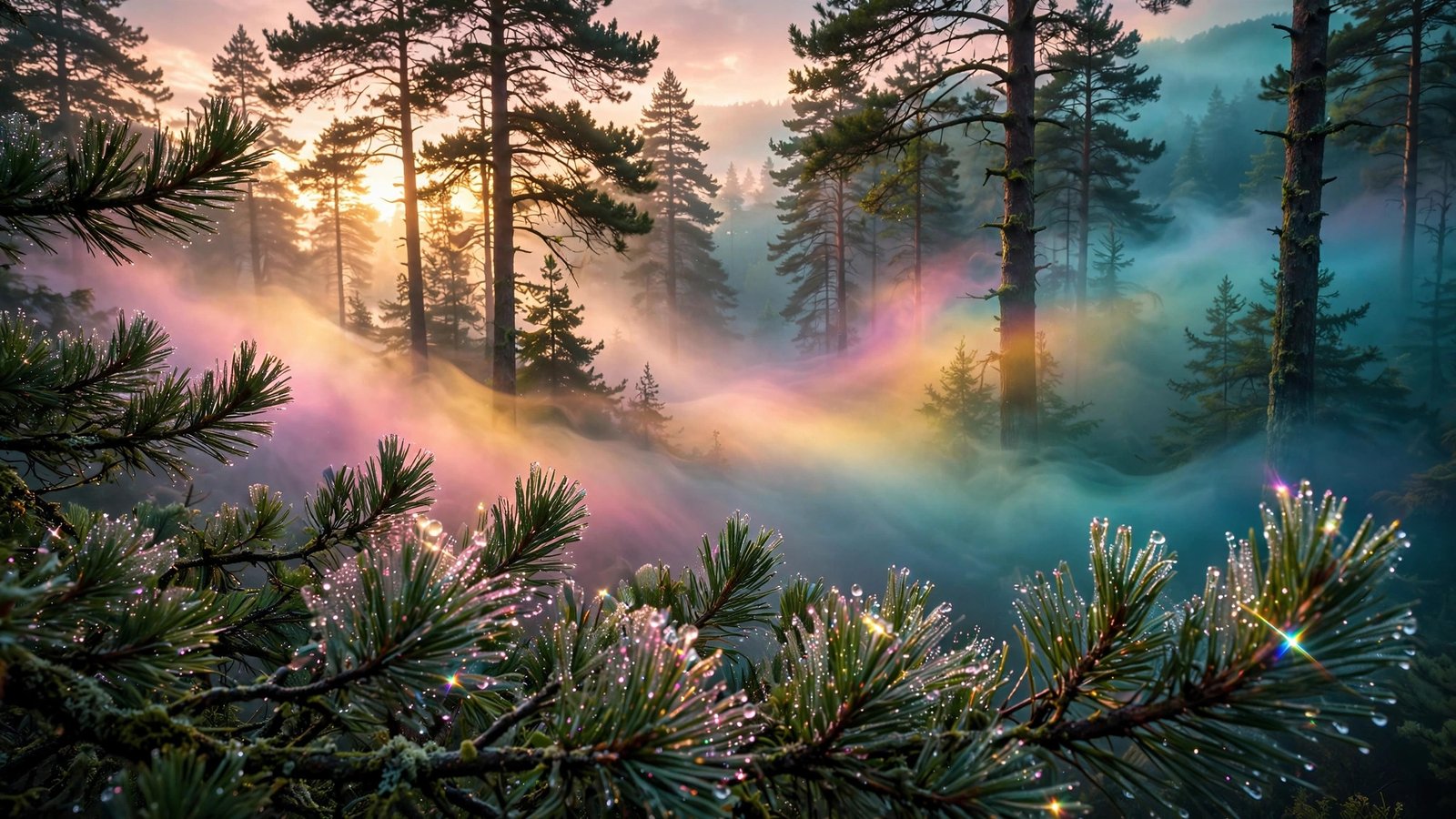 Rainbow Mist - rainbow-colored mist rolls through tall pines at sunrise