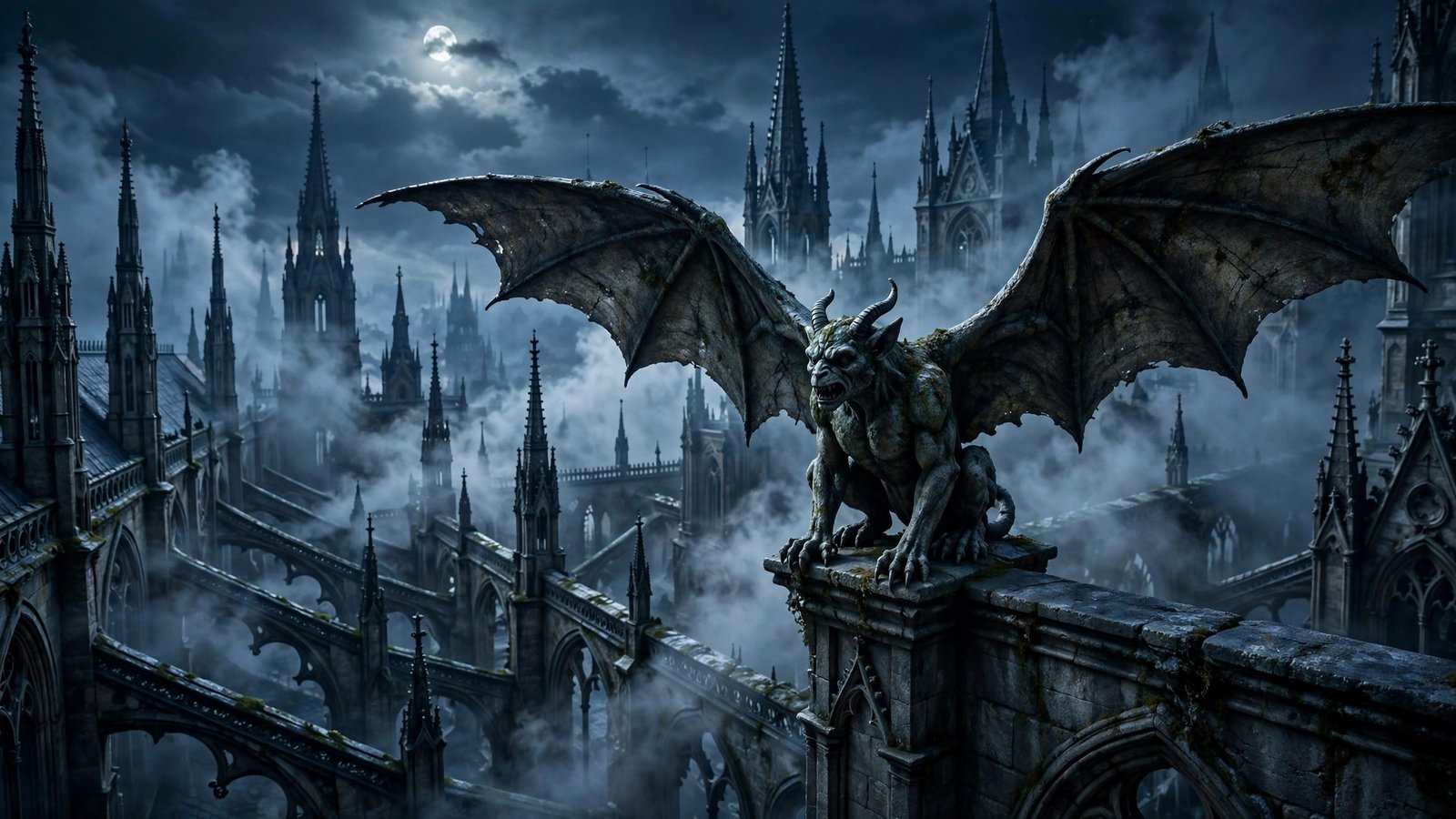 Stone gargoyle perched on a gothic cathedral rooftop in moonlit mist