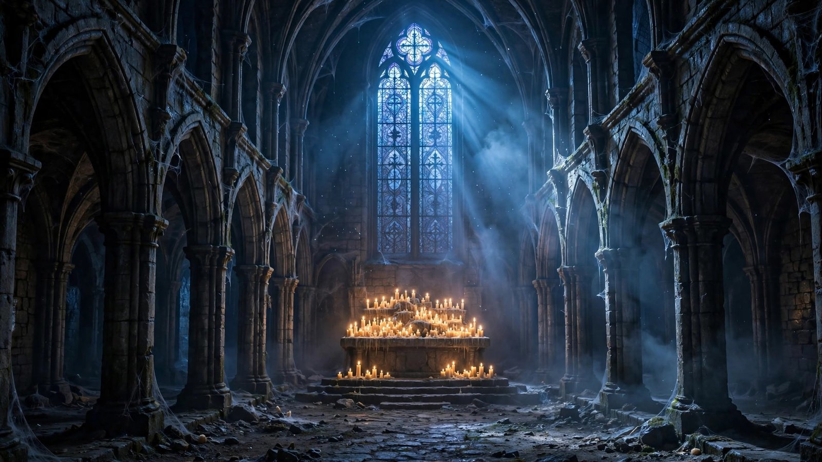 Candles burning on a stone altar in a gothic crypt at night