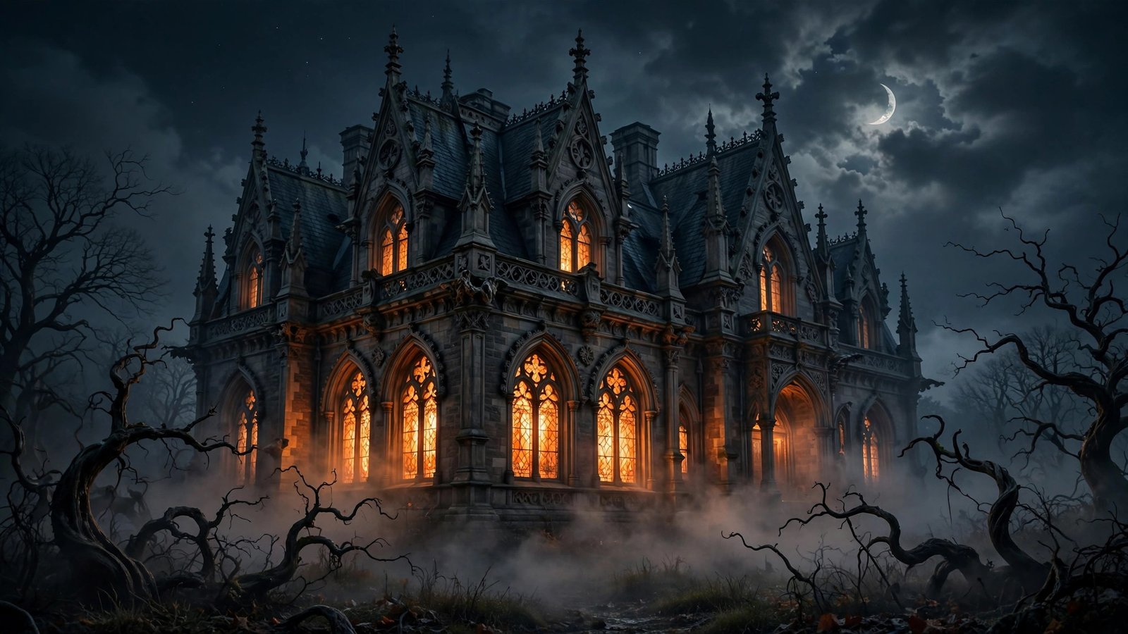 Gothic Victorian mansion at night with glowing stained-glass windows