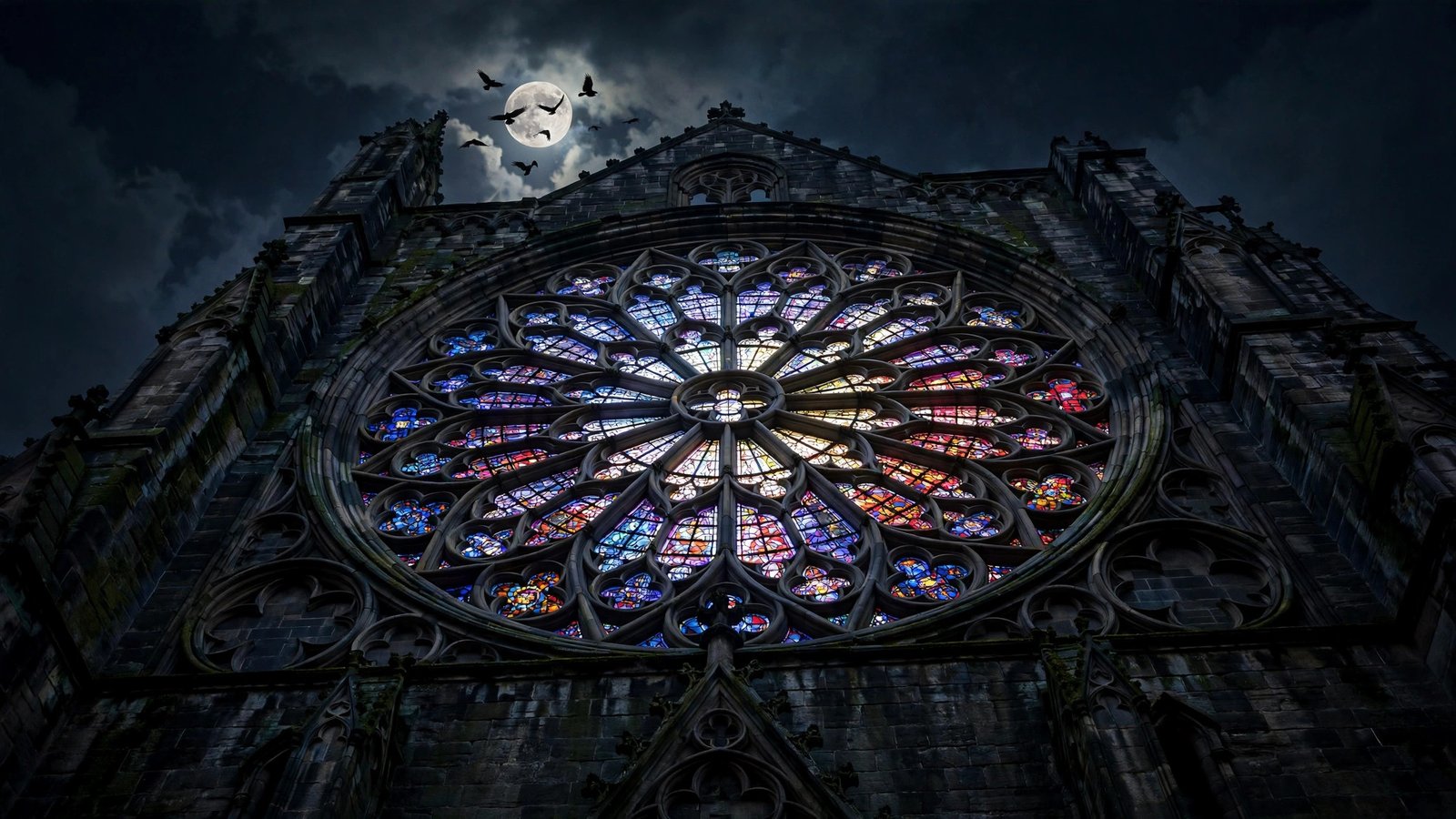 Gothic rose window at night with ravens crossing the moon