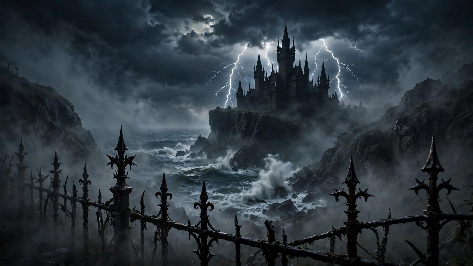 Dark gothic castle on a cliff under a stormy moonlit sky