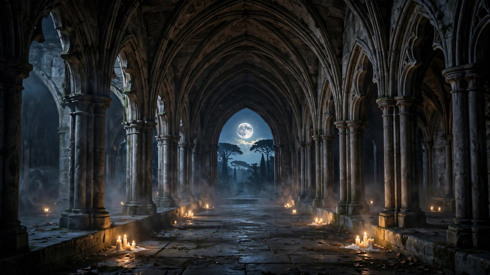 Gothic cloister corridor with pointed stone arches and candlelight
