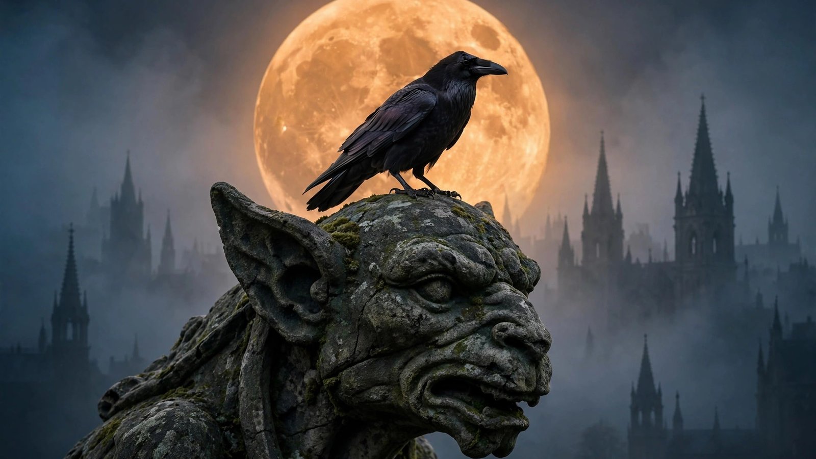 Black raven perched on a gargoyle head against a harvest moon