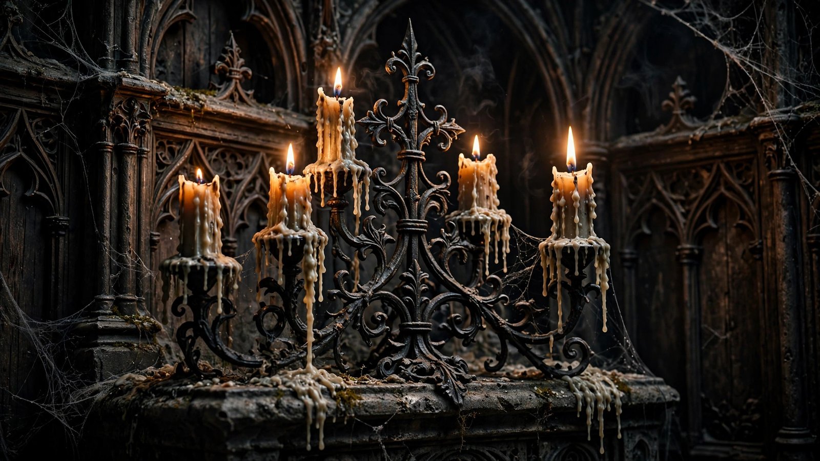 Wrought-iron candelabra burning low on a gothic stone altar