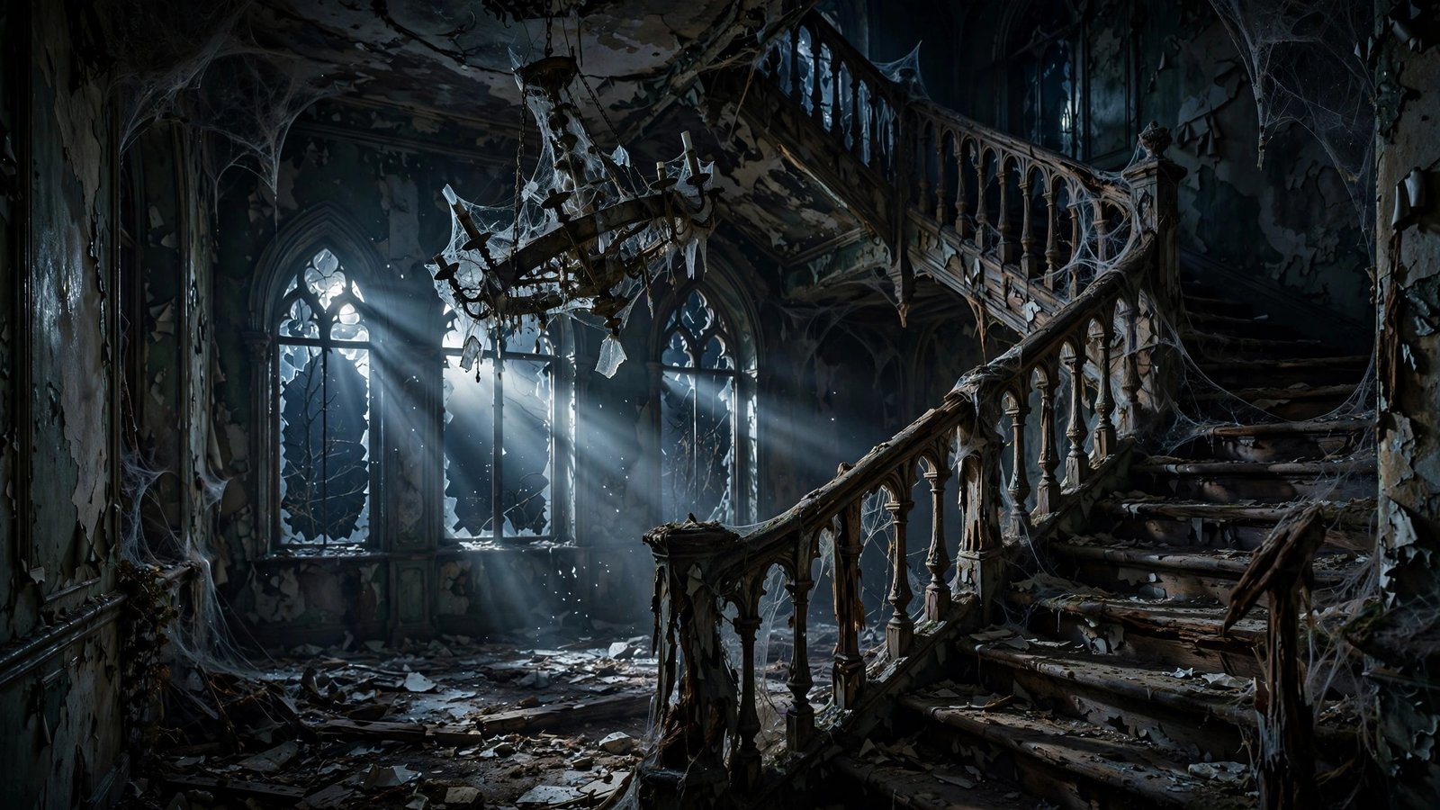 Abandoned gothic manor grand staircase with broken chandelier and moonlight