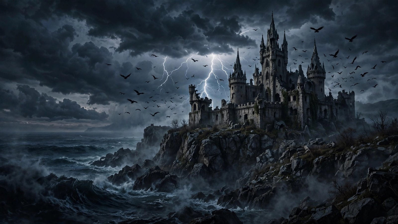 Abandoned castle on a seaside cliff in a lightning storm with ravens