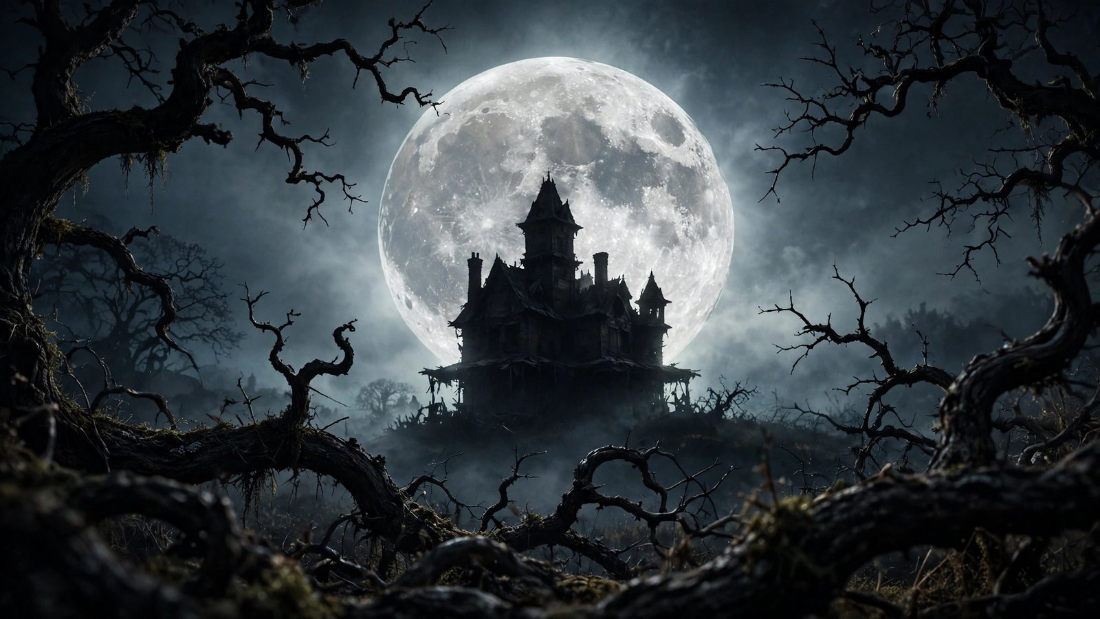 Haunted house silhouette against an enormous full moon
