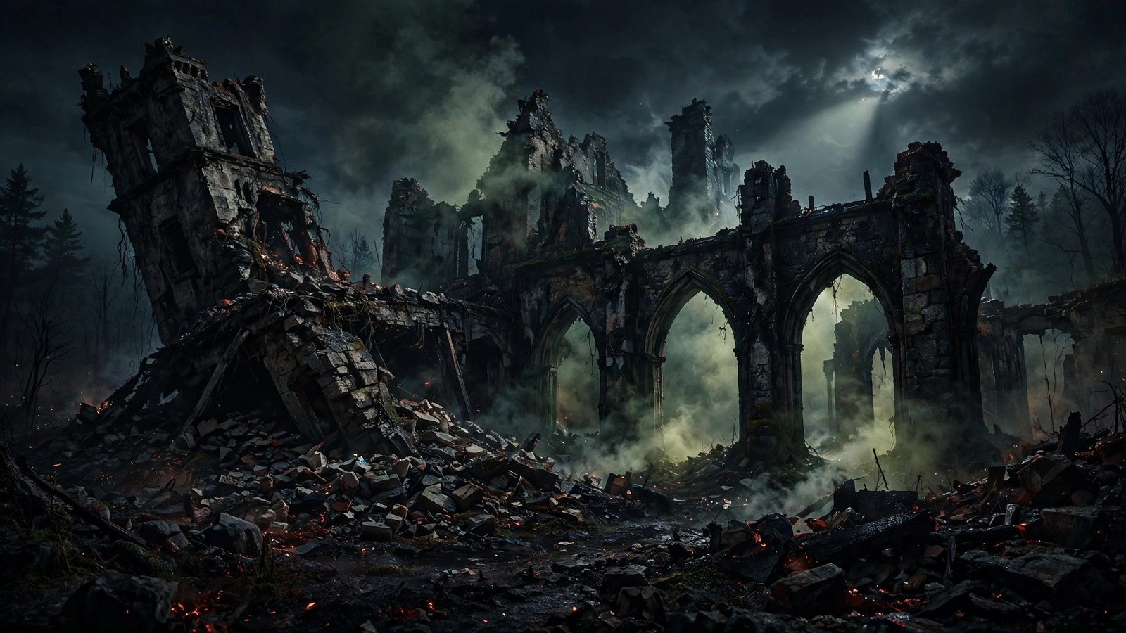 Burned-out mansion ruins with green mist curling through broken arches