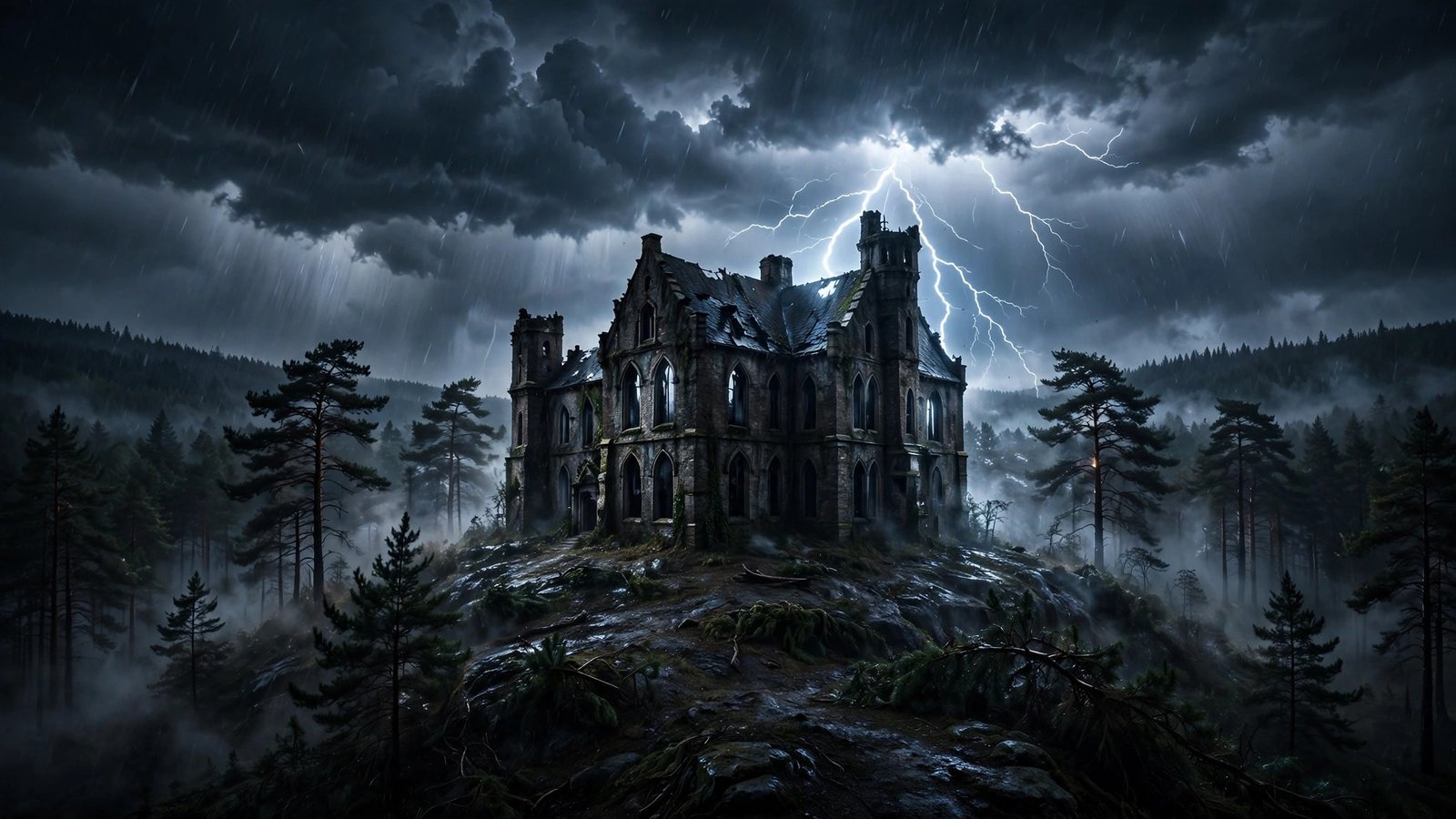 Hilltop manor in a thunderstorm with lightning flashing over dark pines