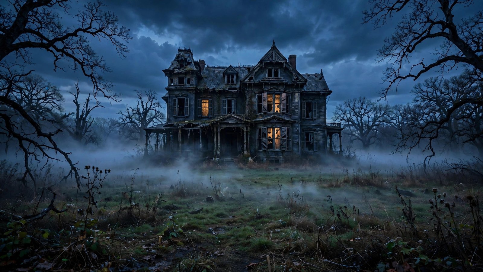 Dusk Over the Abandoned Estate — spooky haunted mansion Halloween wallpaper