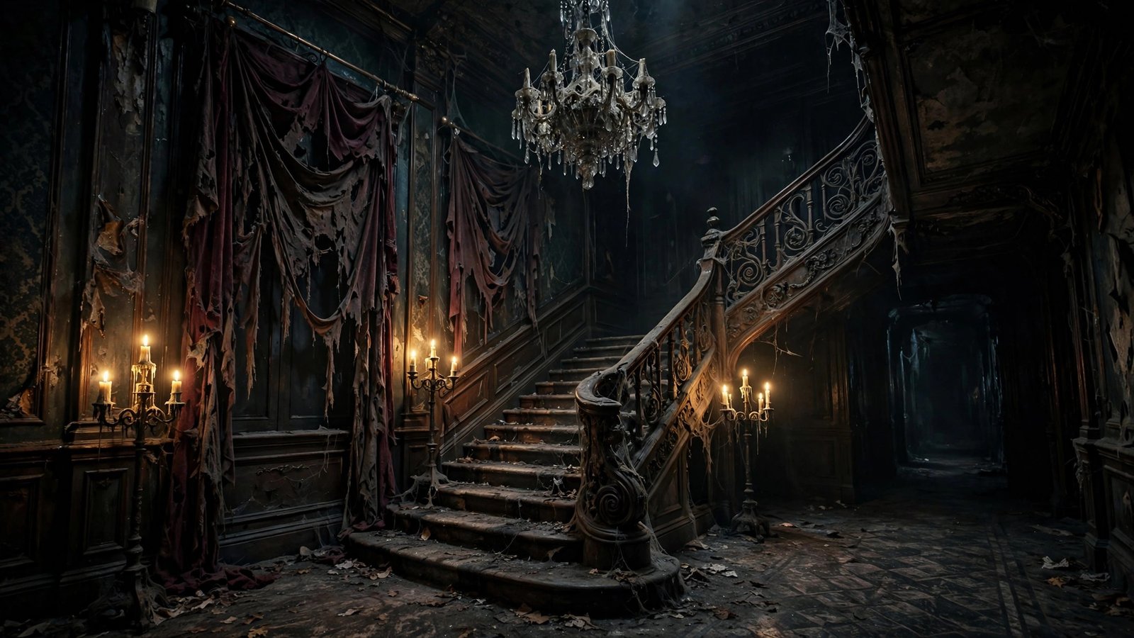 The Grand Staircase — spooky haunted mansion Halloween wallpaper