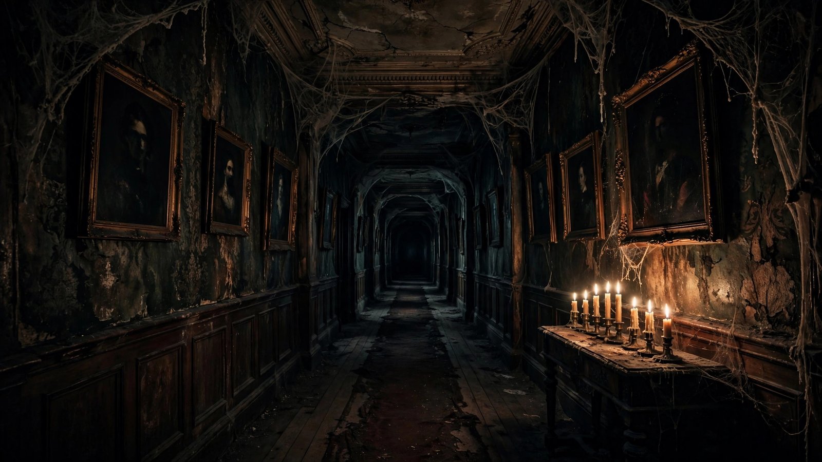 The Portrait Corridor — spooky haunted mansion Halloween wallpaper