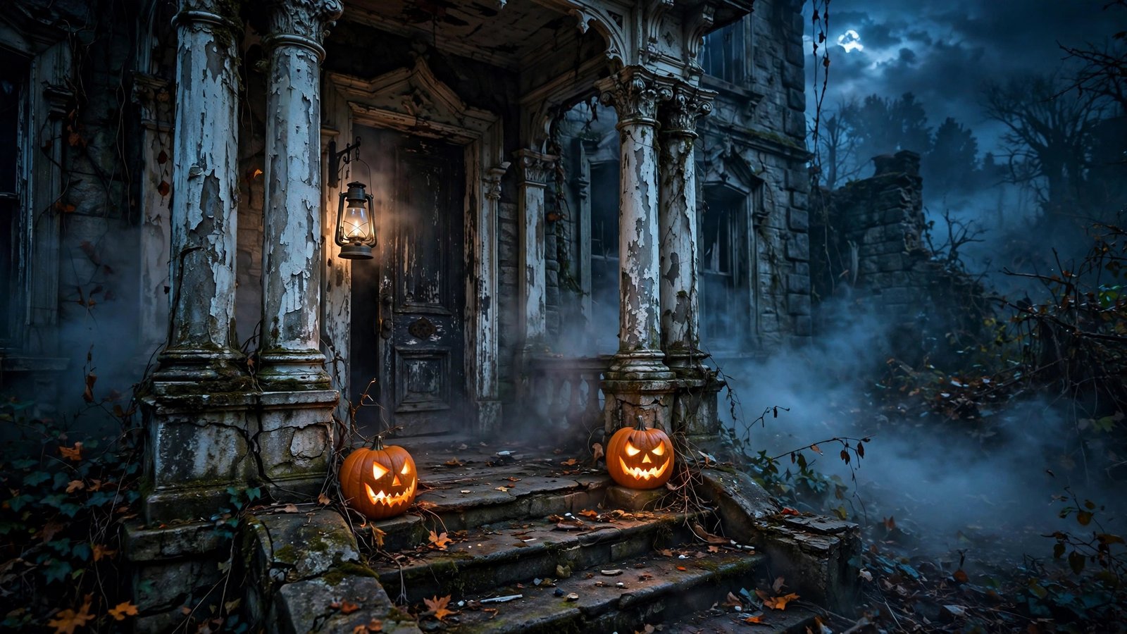 Jack-o'-Lanterns on the Porch — spooky haunted mansion Halloween wallpaper
