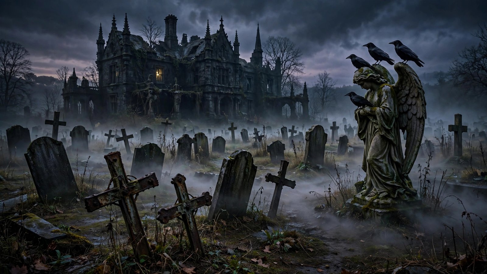 The Manor Beyond the Graveyard — spooky haunted mansion Halloween wallpaper