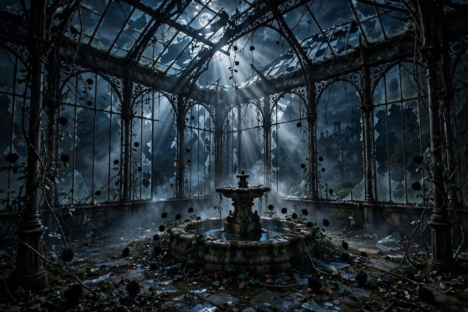 The Black Rose Conservatory — spooky haunted mansion Halloween wallpaper