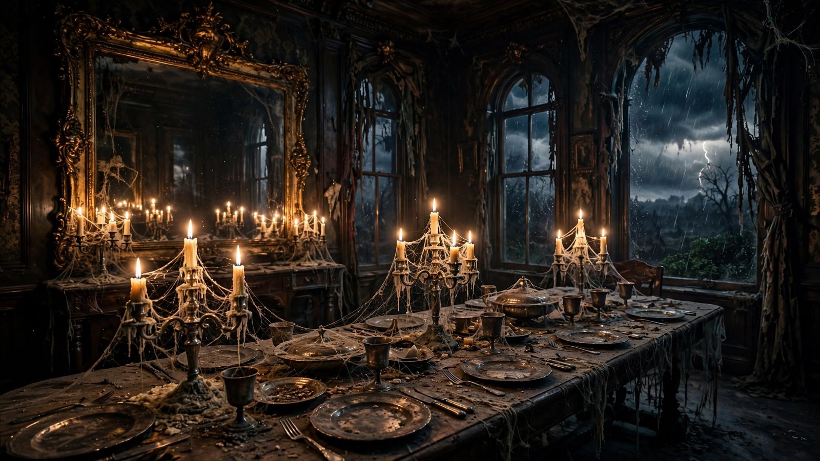 The Candlelit Dining Room — spooky haunted mansion Halloween wallpaper
