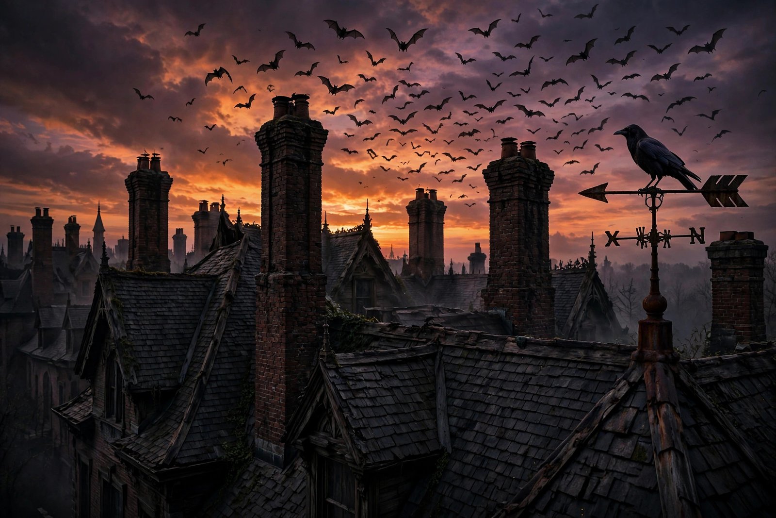 Bats Over the Rooftops — spooky haunted mansion Halloween wallpaper