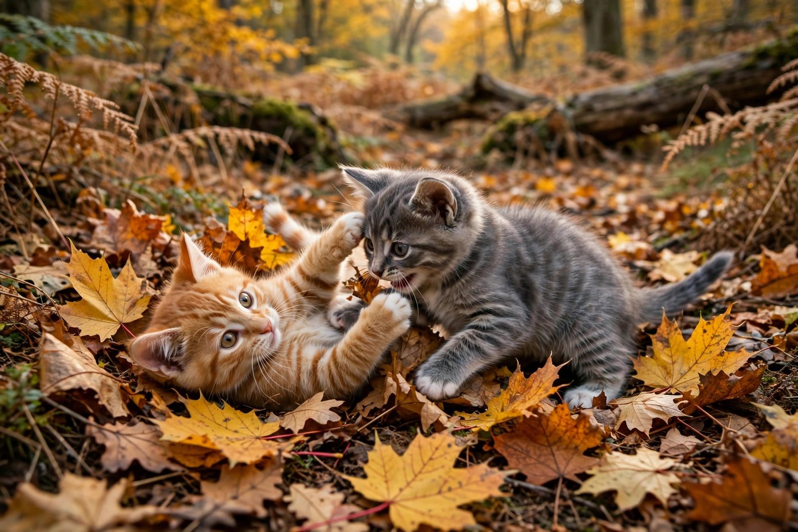 Kittens Playing in Autumn Leaves
