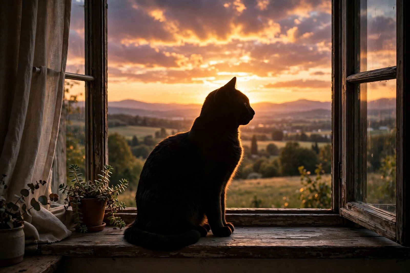Black Cat at Sunset Window