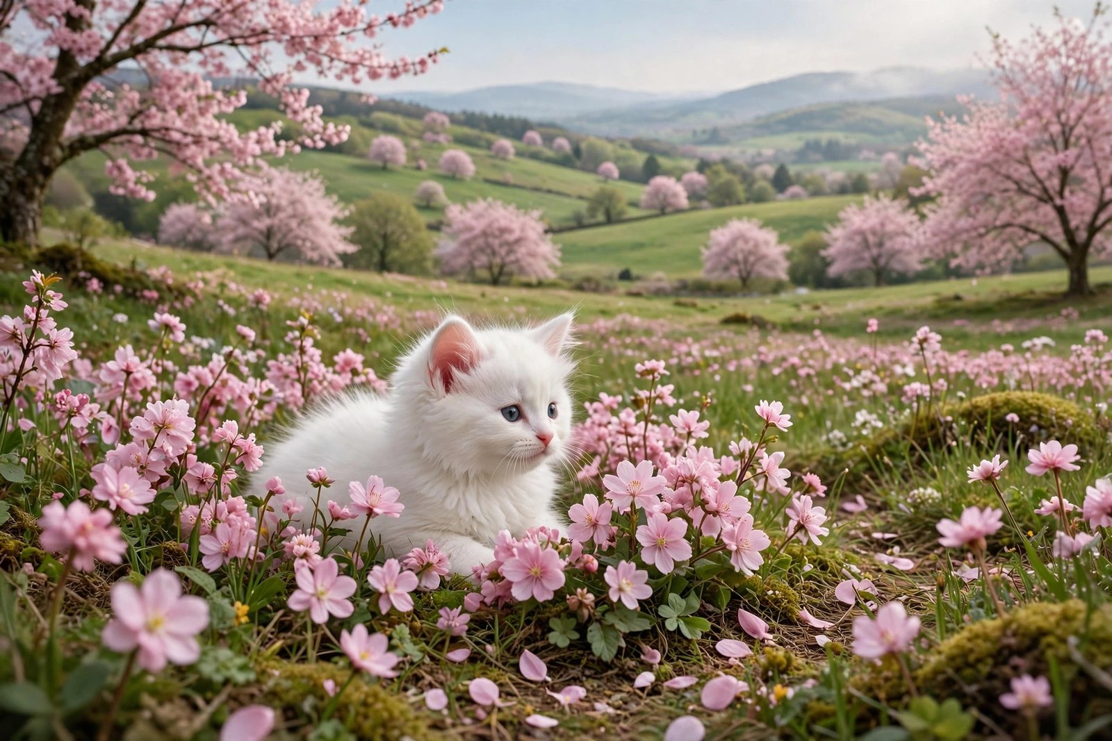 White Kitten Among Pink Flowers