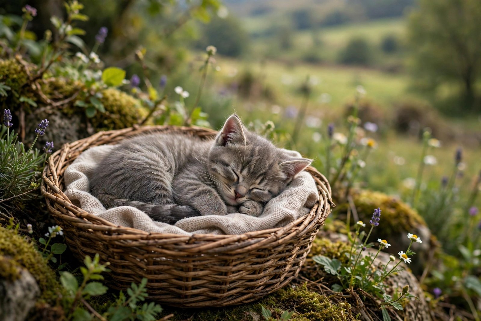 Sleepy Kitten in a Cozy Basket