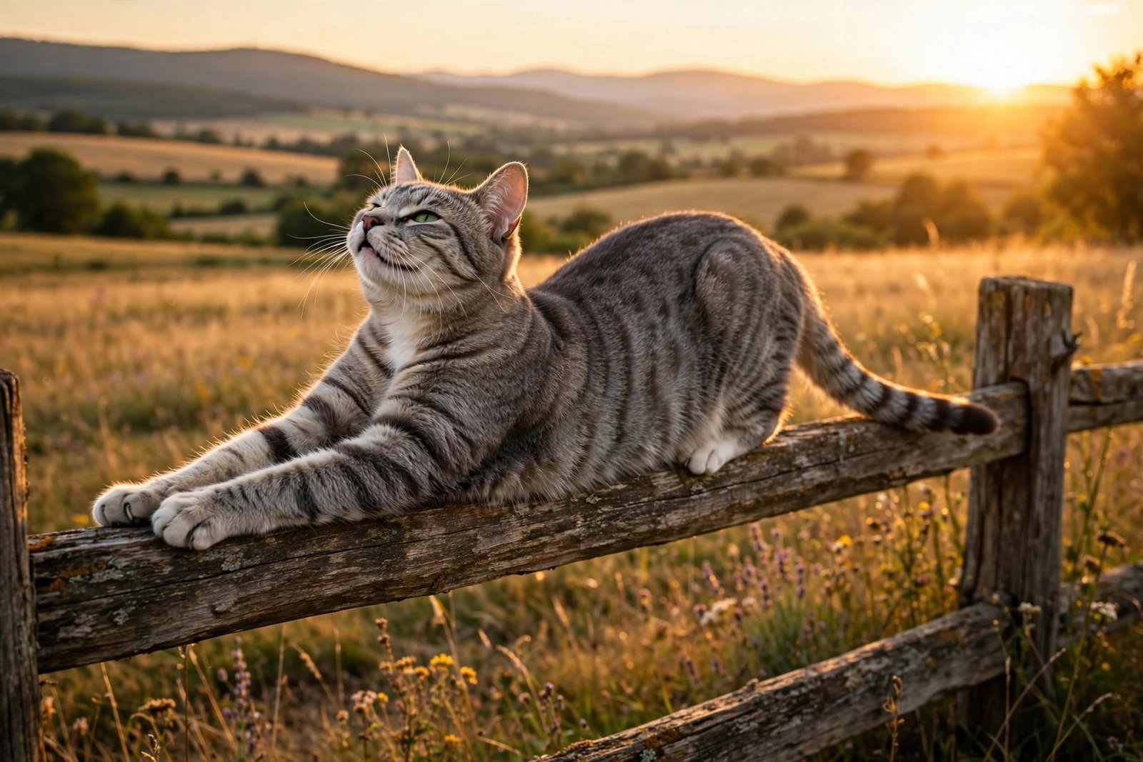 Cat Stretching at Golden Hour