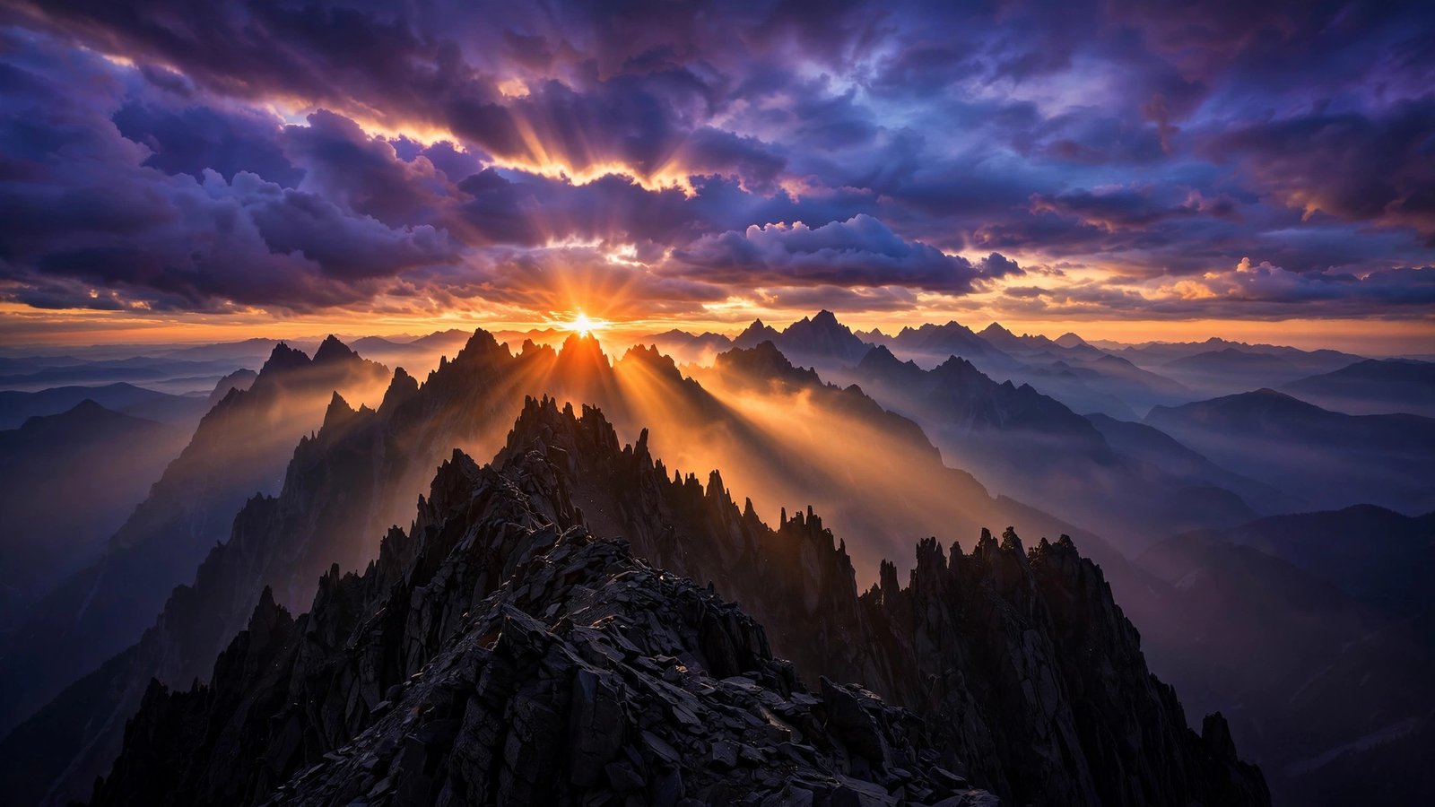 Sun rays breaking over a serrated rocky mountain ridge at sunrise