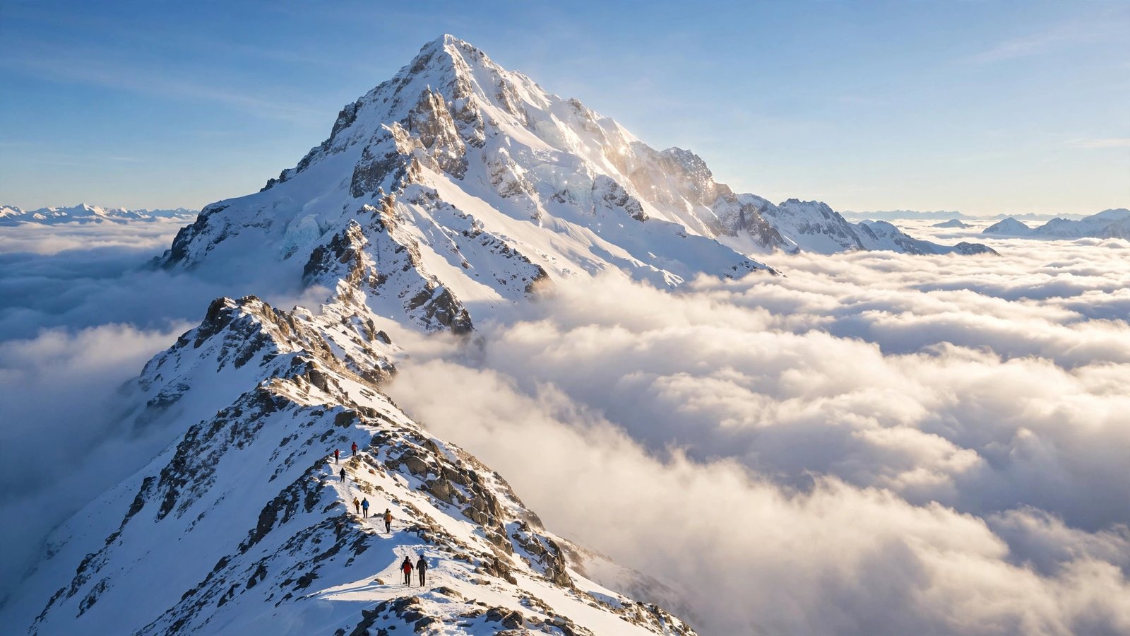 Snowy peak rising above a sea of clouds with tiny hikers on the ridge