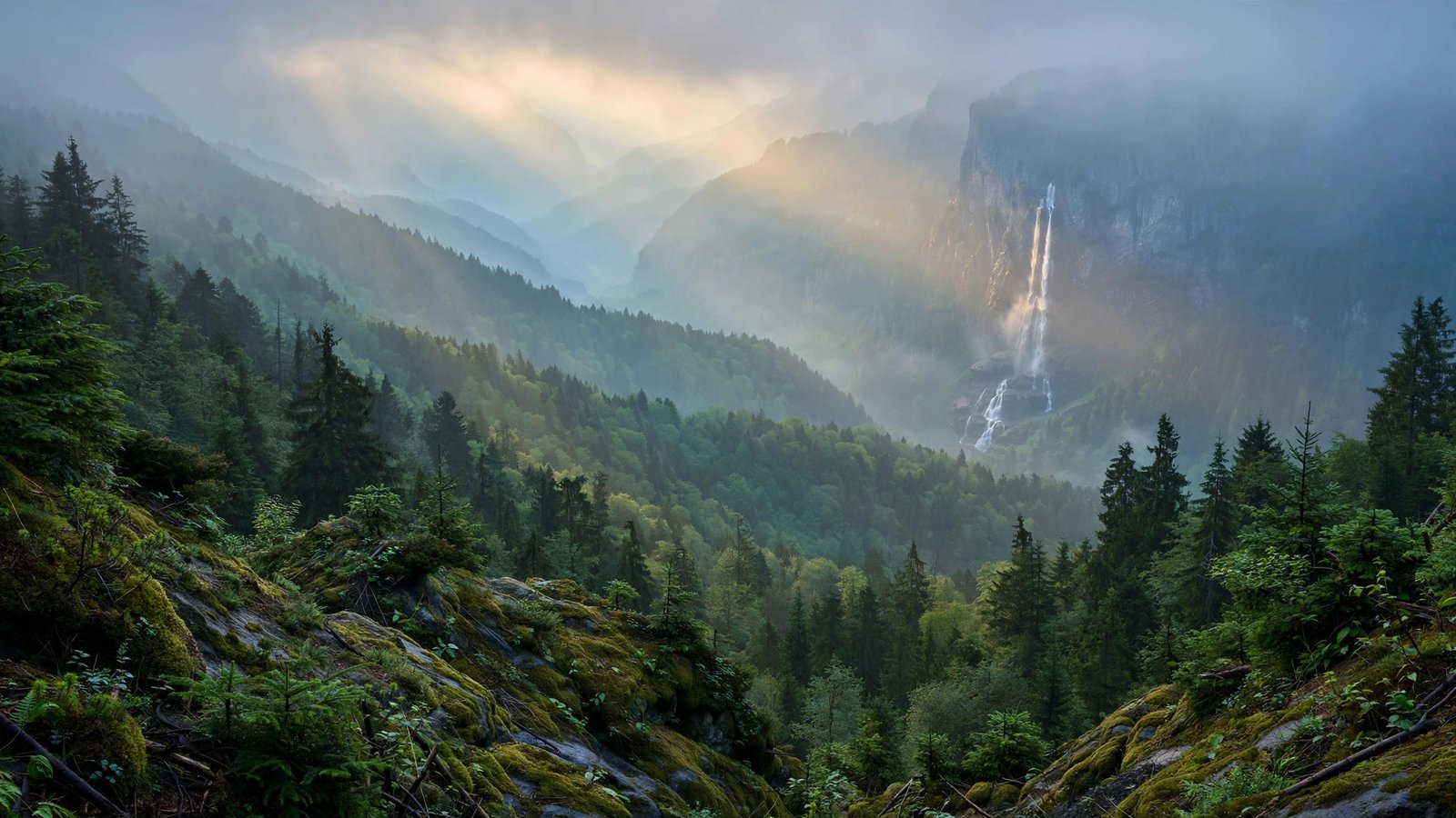 Forested mountain slopes in blue fog with a waterfall down a distant cliff