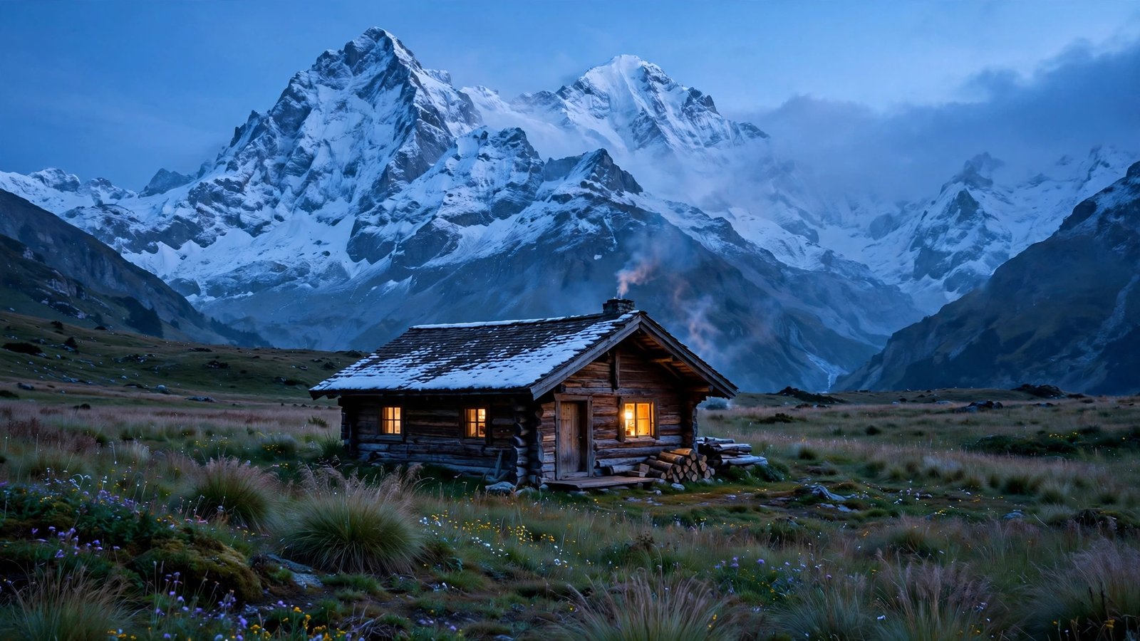 Lone wooden cabin with glowing windows beneath snow-covered peaks