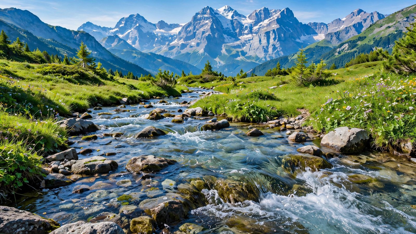 Crystal-clear stream over smooth stones leading up to alpine peaks