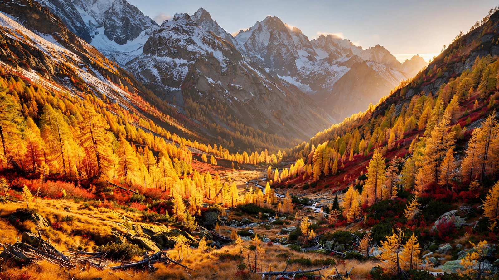 Mountain slopes in golden autumn color with snow-dusted peaks above