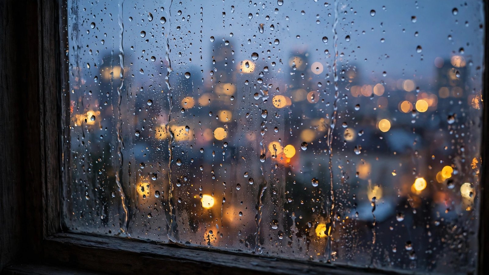 Raindrops on Glass Overlooking City Lights