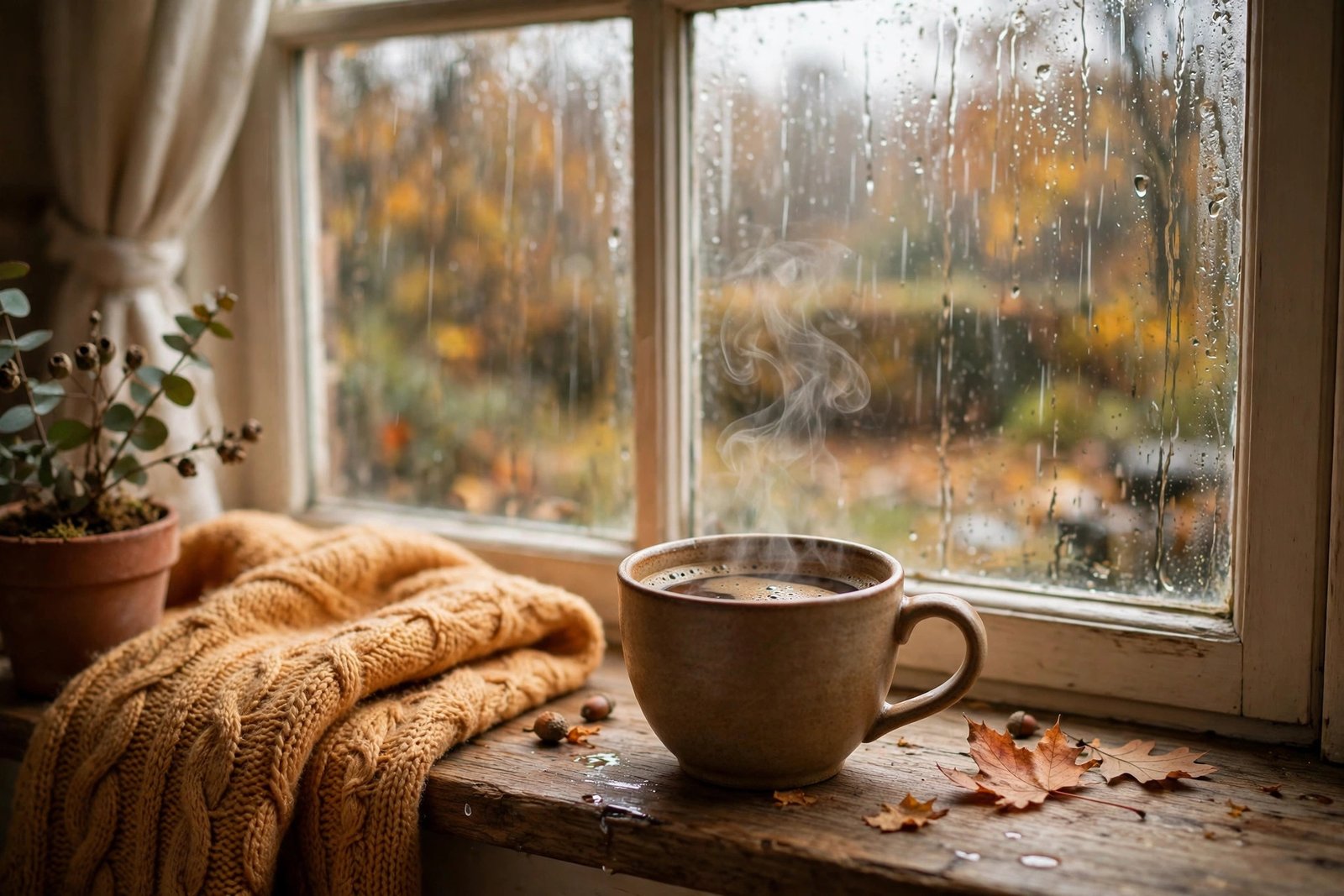 Hot Coffee on a Rain-Streaked Windowsill