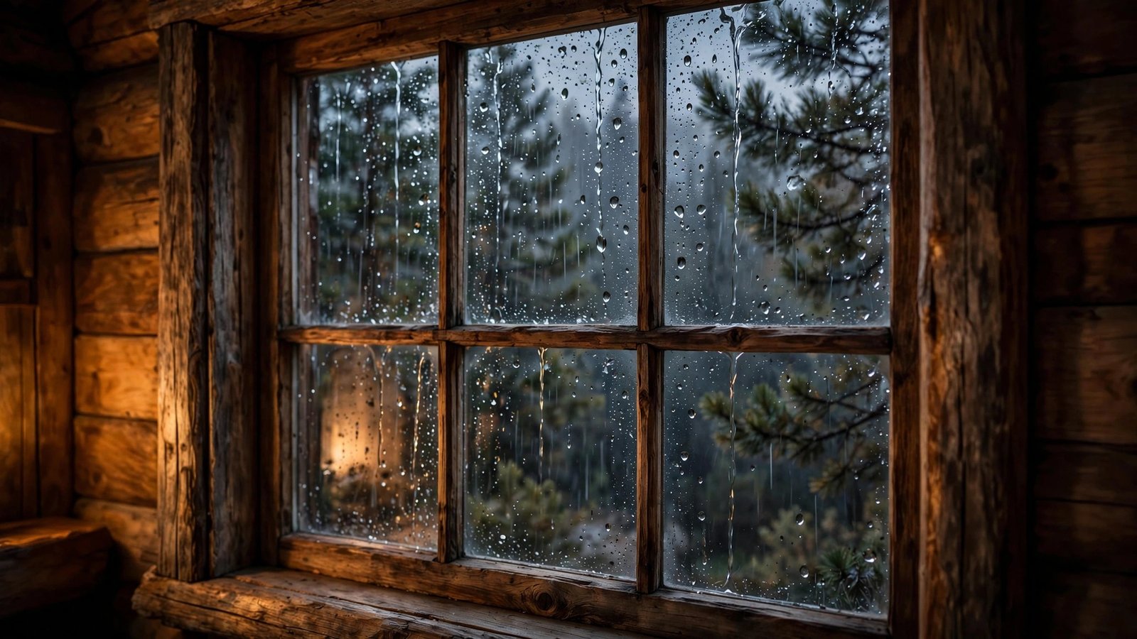 Rain on a Cabin Window With Warm Interior Glow