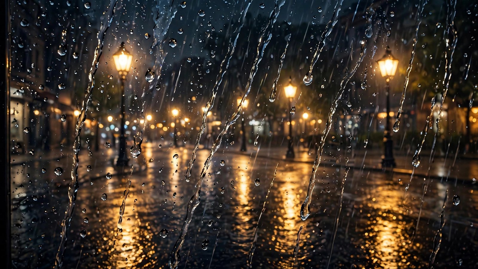 Rain-Soaked Street Lamps at Night