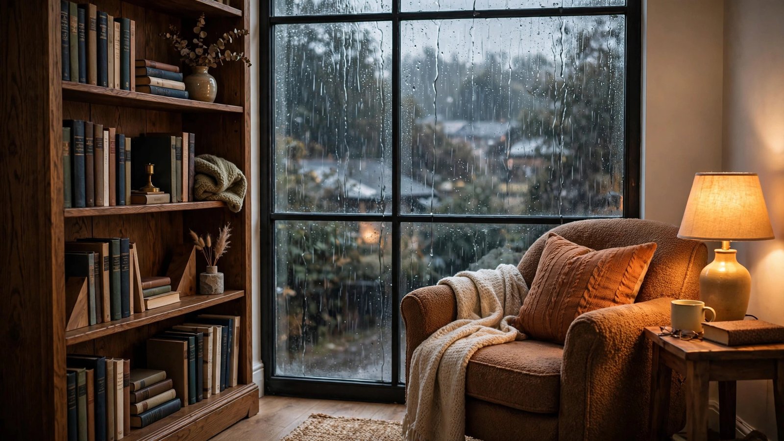 Bookshelf Beside a Rainy Window