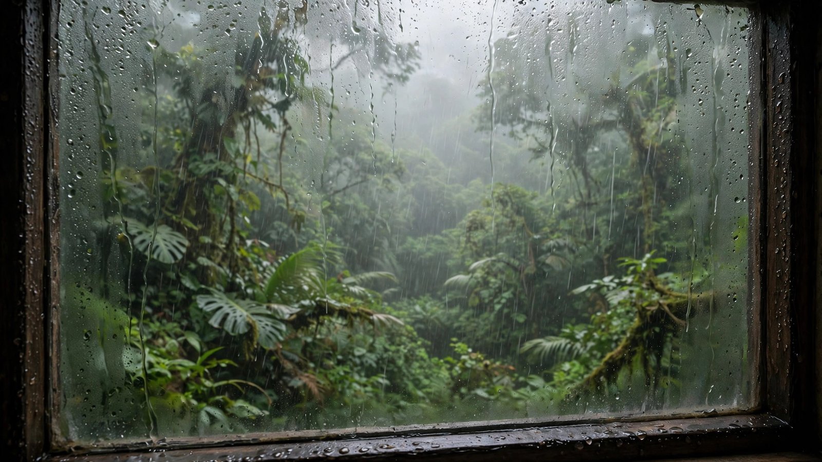 Tropical Rainforest Rain Through Misty Glass