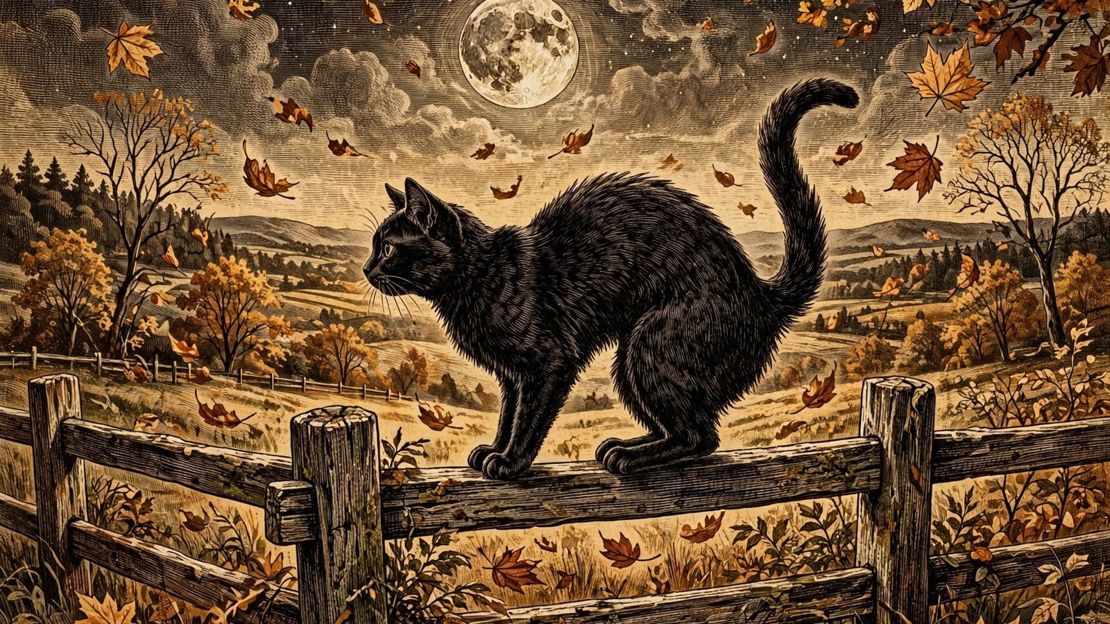 Vintage Halloween Wallpaper 3 – The Black Cat on the Fence