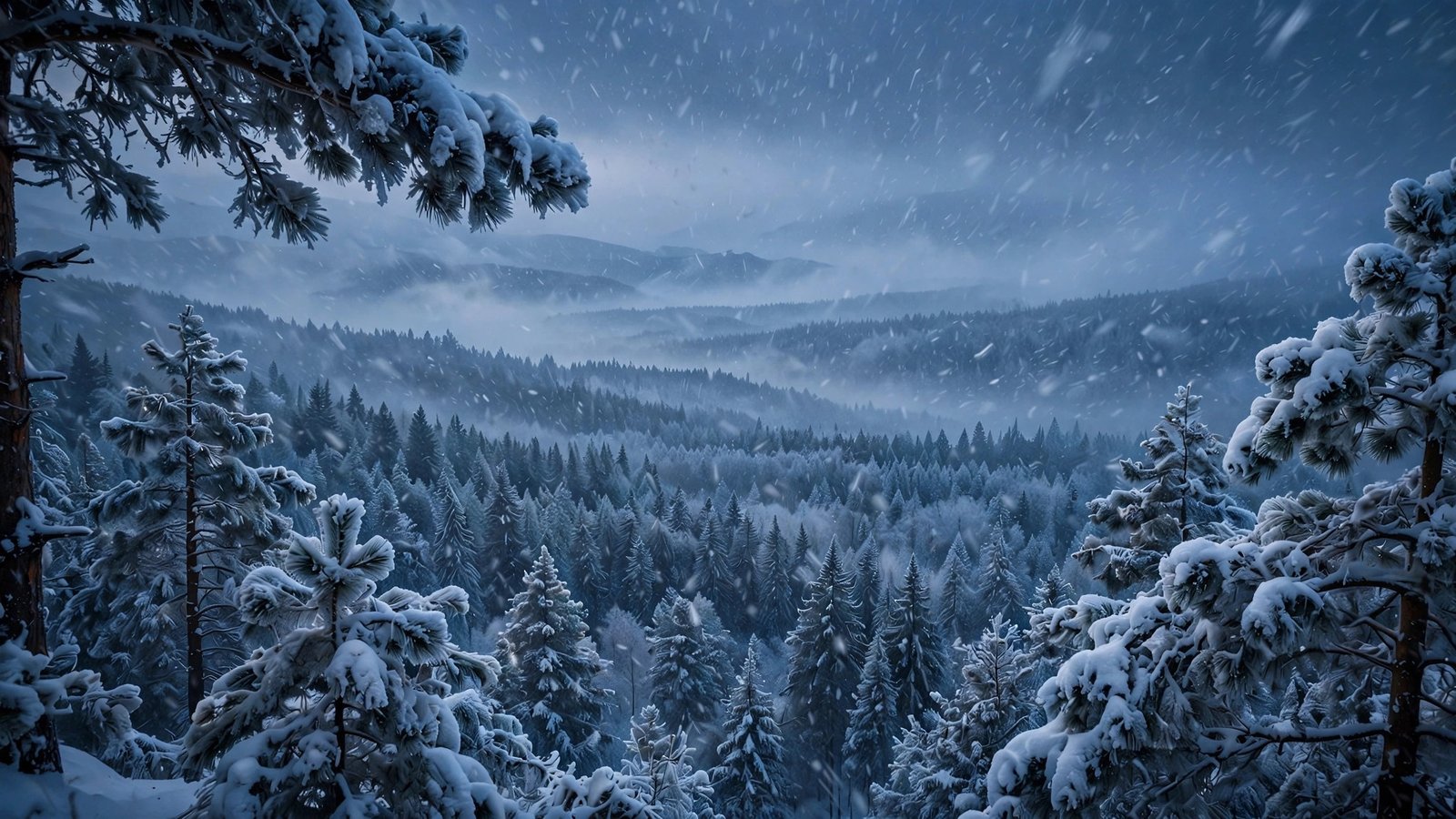 Blizzard over the pine forest winter snowfall wallpaper