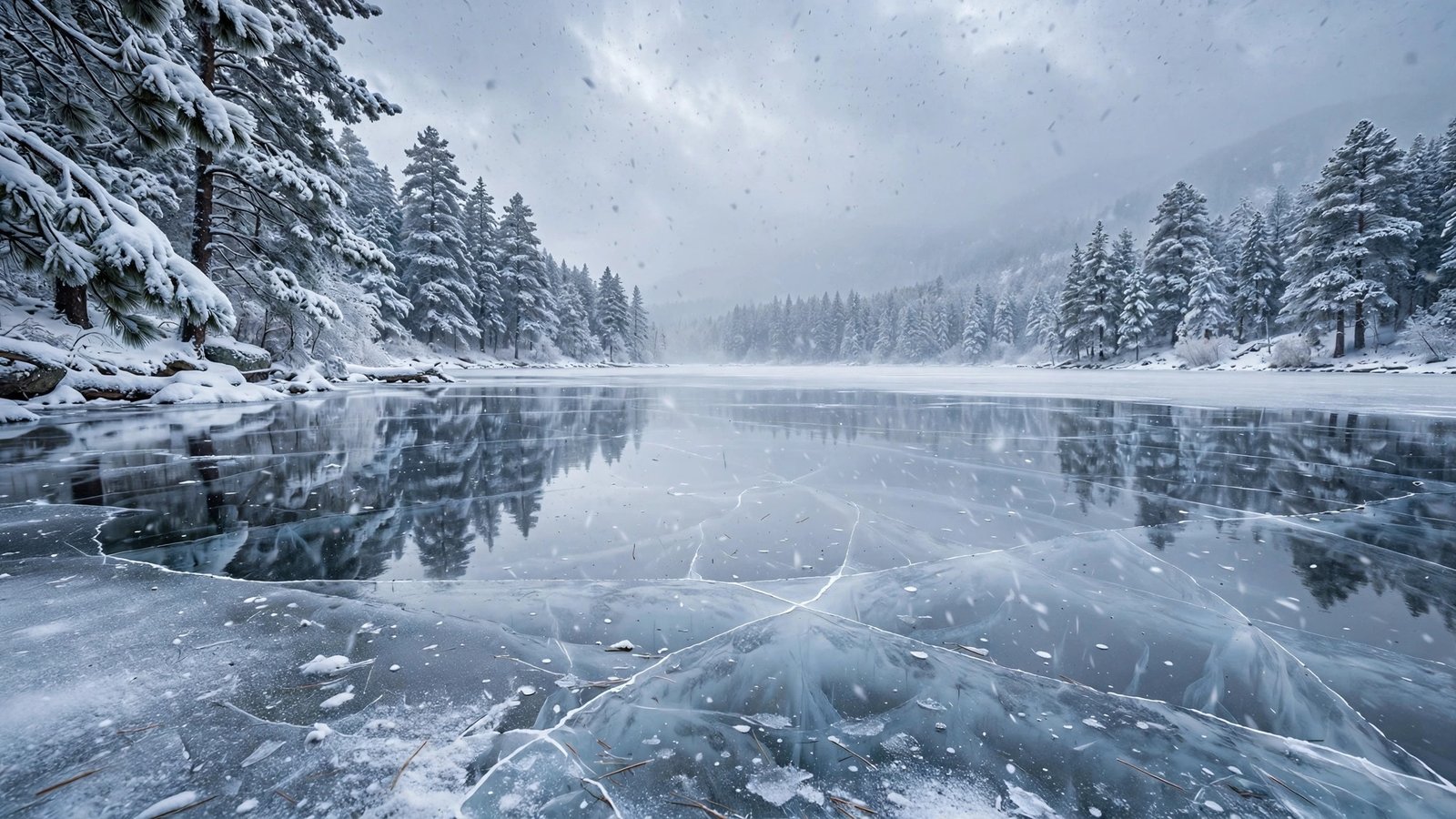 Frozen lake under falling snow winter snowfall wallpaper