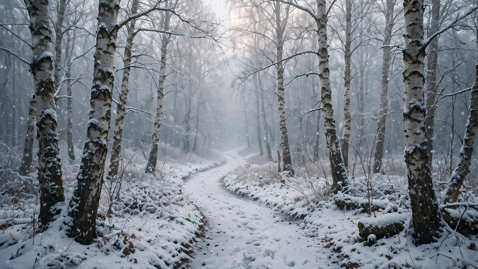 Snow-covered birch forest path winter snowfall wallpaper