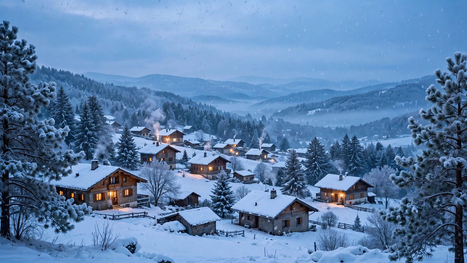 Winter village in falling snow wallpaper