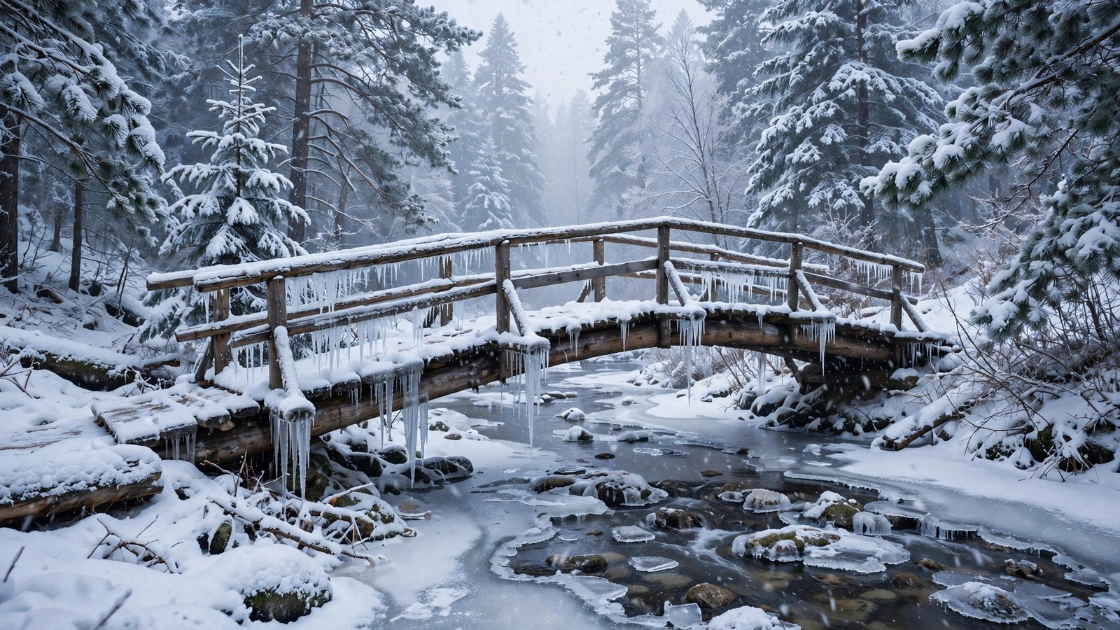 Snow-dusted bridge over a frozen stream winter snowfall wallpaper