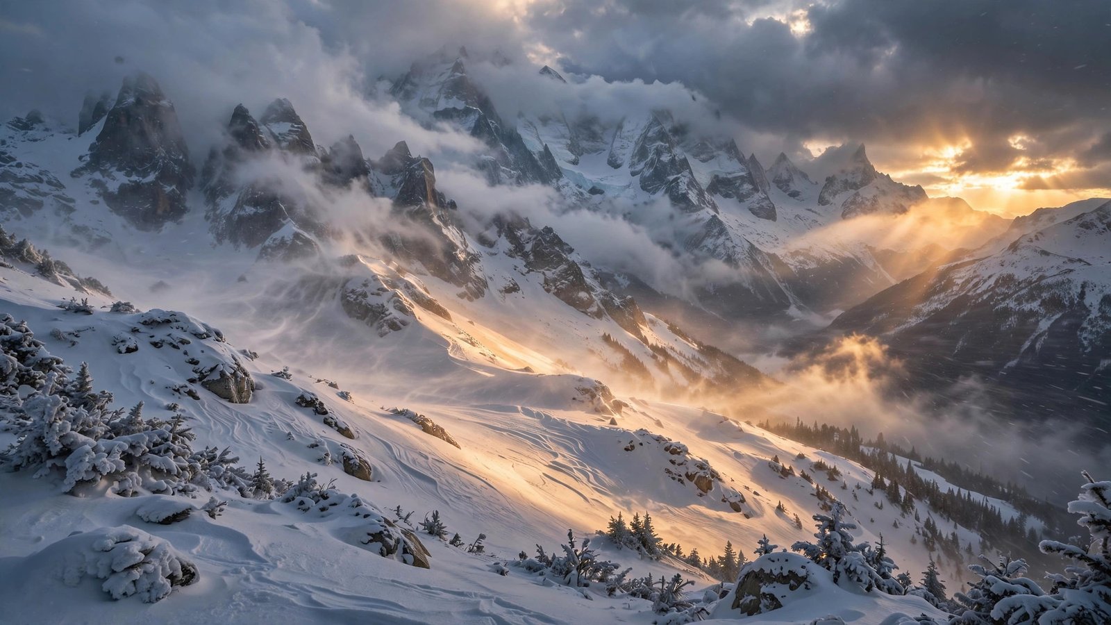 Alpine peaks in a snowstorm at golden hour winter wallpaper